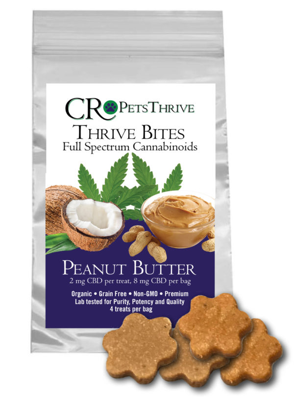CR Pets Thrive Bites Hemp Treats: 5mg Peanut Butter Travel Size- a package of Thrive Bites hemp treats made with Signature CR Balance- simply whole plant hemp and unrefined, cold-pressed, organic coconut oil.