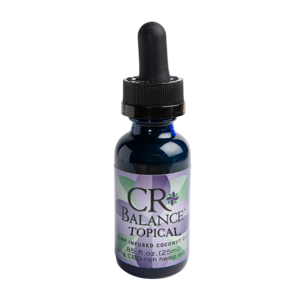 CR Balance 125mg Topical: A bottle of hemp-infused, full spectrum coconut oil labeled ‘CR Balance 125mg Topical.’ The product contains only two ingredients: whole plant hemp and unrefined, cold-pressed, organic coconut oil. It is designed for topical use and is suitable for AIP, Gluten-Free, and Paleo Diets.